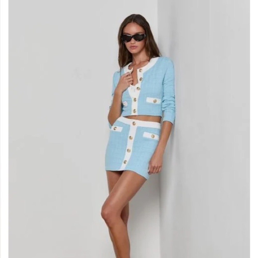 L'AGENCE Adeline Cardigan and Coco Mini Skirt Cover-Up in powder blue